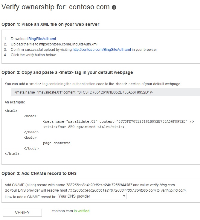 bing webmaster tools verification steps