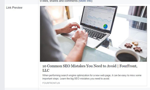 Example of Facebook Object Debugger link preview for 10 Common SEO Mistakes blog post