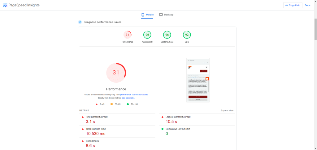 Screenshot of Google Page Speed Insights scores.