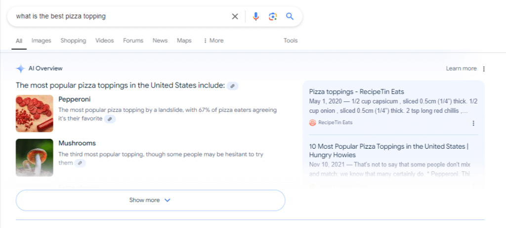 Screenshot of a Google search AI Overview response for "what is the best pizza topping."