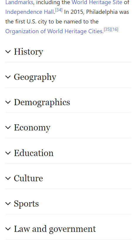 Screenshot of Wikipedia entry showing multiple sections collapsed into accordions.