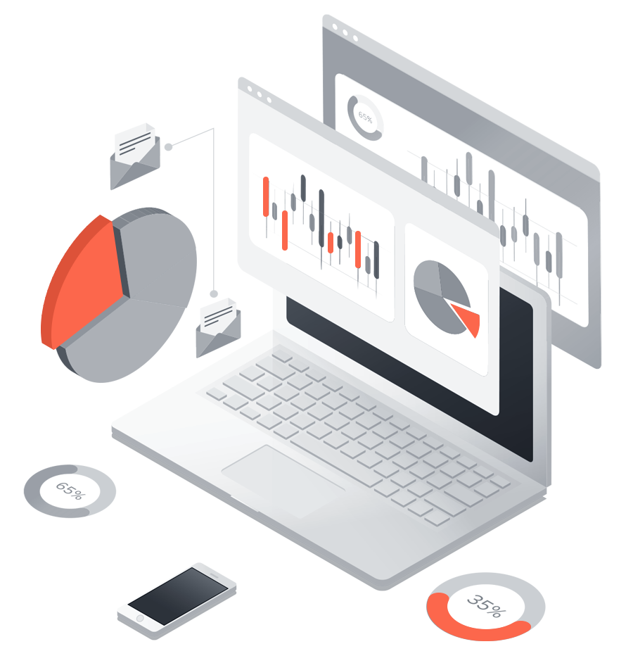 Graphic showing a laptop and various SEO data charts