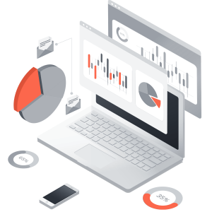 Graphic showing a laptop and various SEO data charts