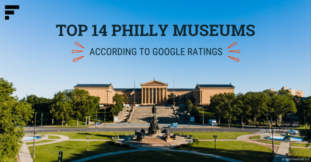 Far away view of the Philadelphia Art Museum, blue skies, with blog title text overlay